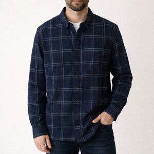 Baldwin Kansas City Men’s Button Down Navy Plaid Shirt Linen Cotton Blend Size M